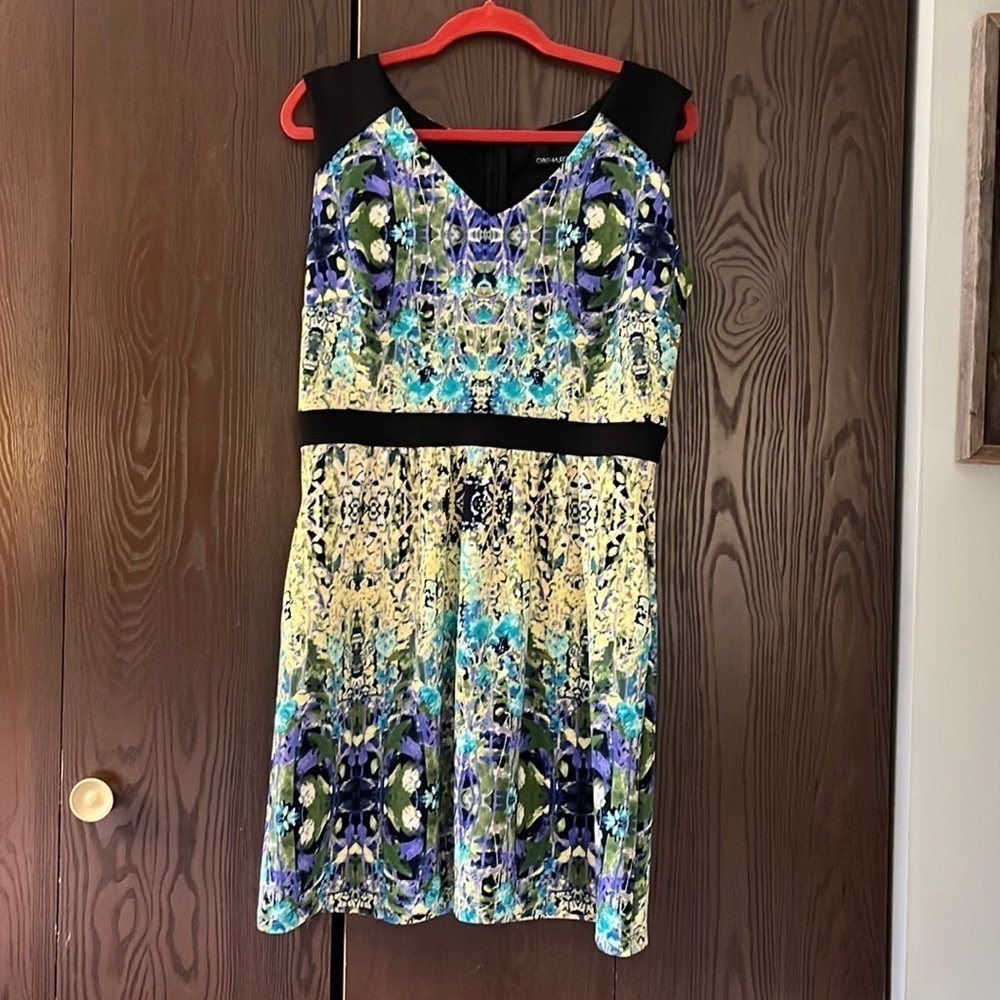Cynthia Rowley dressy black with yellows/purples/ turquoise dress. Size 14